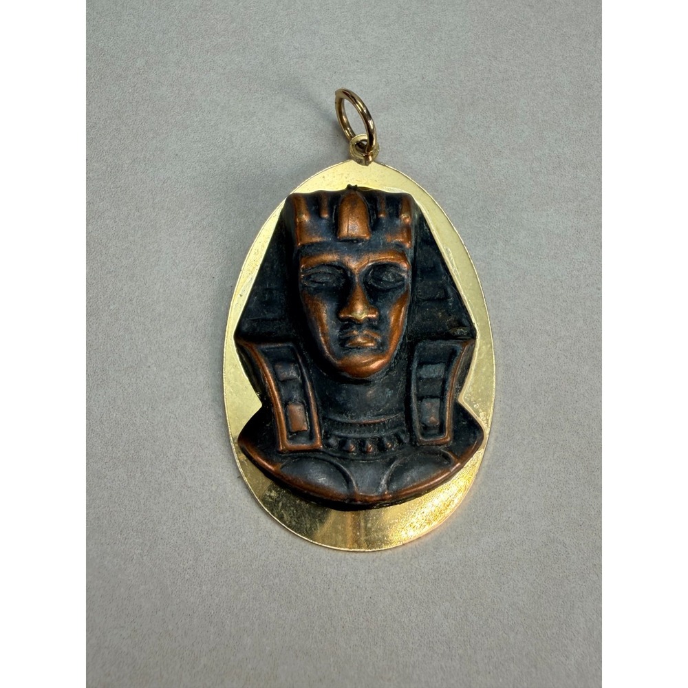 Vintage Egyptian Pharaoh Pendant Gold Tone Raised Figural Revival Jewelry